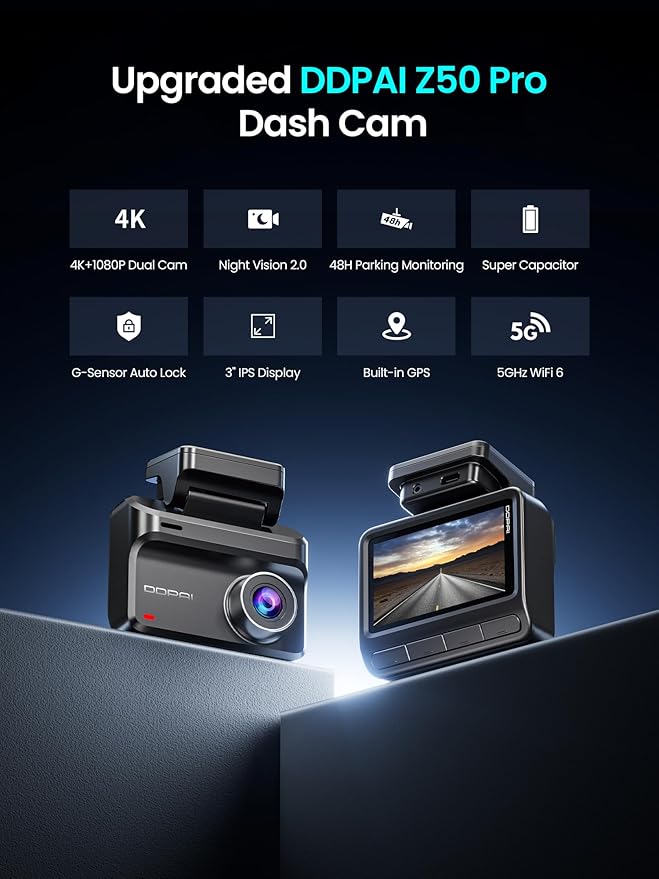 DDPAI Dash Cam Front and Rear, 4K+1080P Car On-Dash Mounted Cameras, Dashcam Included 64GB Card, Built-in 5G WiFi 6, GPS, 3''