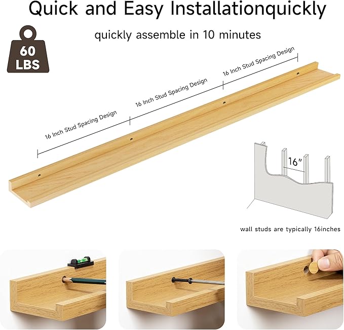 Fun Memories Picture Ledge Shelf, 60 Inch Floating Shelves Set of 2, Large Nursery Book Shelves for Toys Storage, Kids Booksh