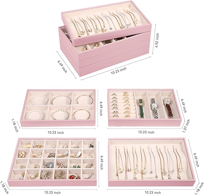 LANDICI Stackable Jewelry Organizer Trays 4 Set,PU Leather Jewelry Organizer Drawer,Jewelry Storage Display Tray for Earring 