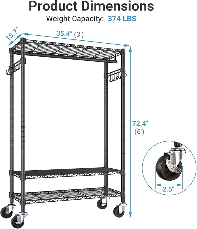 VIPEK R3 Heavy Duty Garment Rack with Lockable Wheels, Portable Rolling Closet with Adjustable Shelves & Hanging Rod & Side H