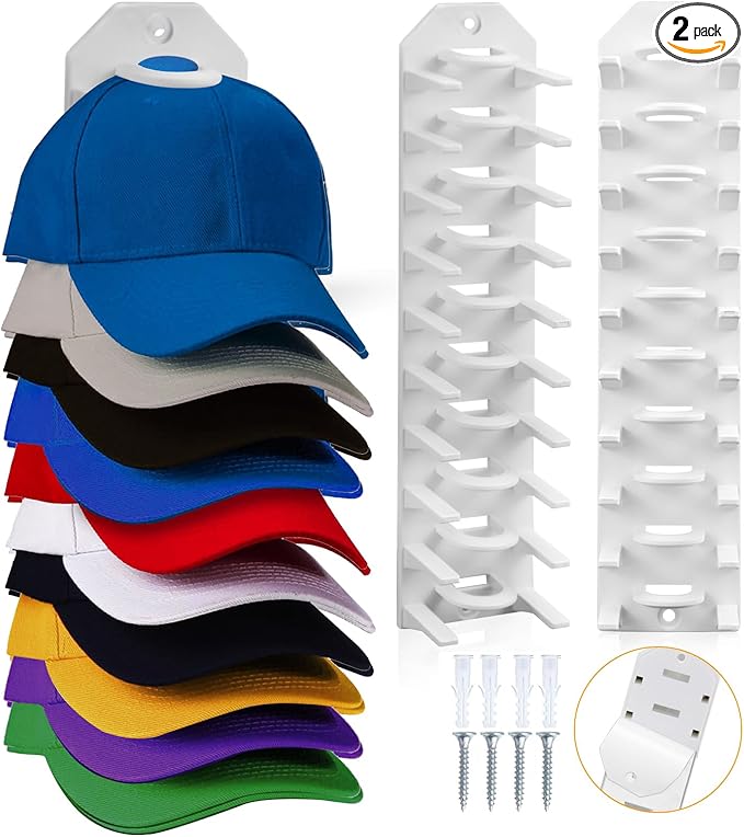 Hat Organizer for Baseball Caps, 2 Pack Hat Rack for Wall, Wall Mounted Adhesive Cap Rack, Hat Holder Hanger Hold Up to 20 Ca