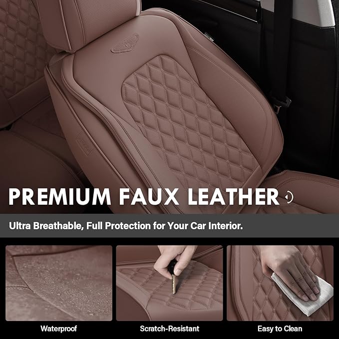 Coverado Full Set Car Seat Covers, Brown Leather Seat Protectors for Cars, Waterproof Luxury Front & Back Car Seat Covers, Un