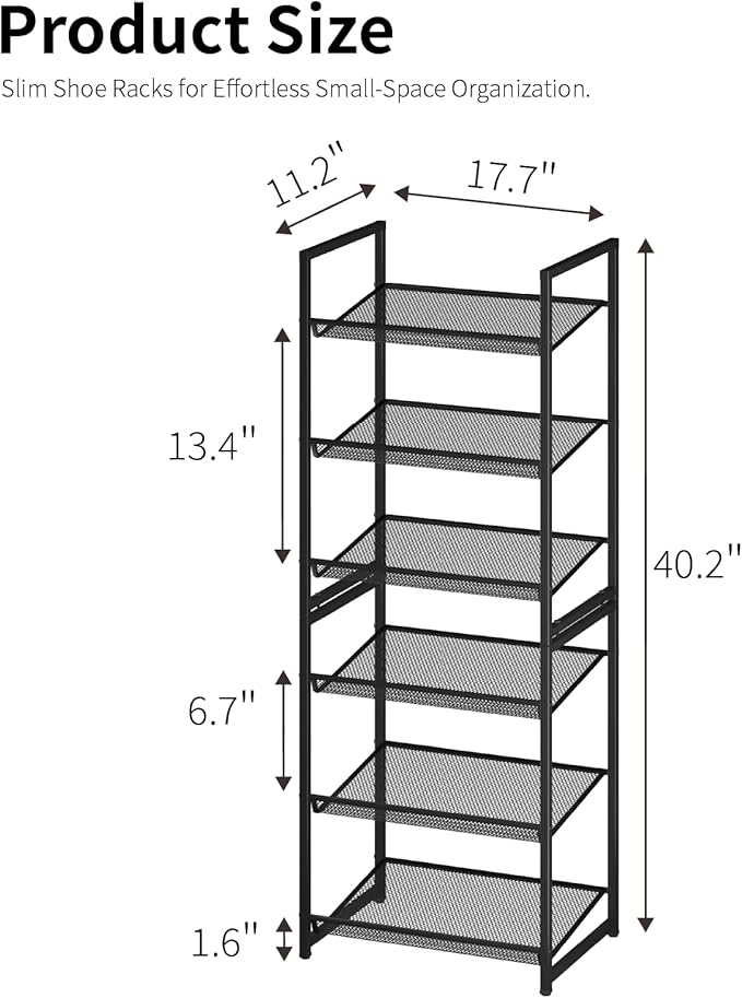 6 Tier Shoe Rack, Tall Metal Shoe Storage with Adjustable Shelves, Holds 12-14 Pairs, Stackable Shoe Stand for Garage Hallway