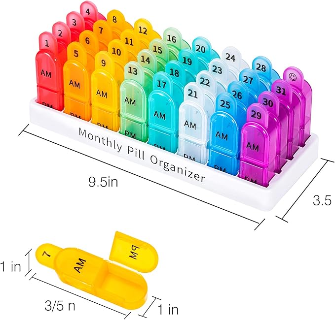 Daviky Monthly Pill Organizer 2 Times a Day - 30 Day Pill Box AM PM, BPA Free One Month Medicine Organizer Twice Daily, 31-Da