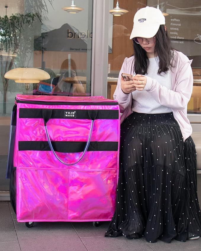 Reusable Grocery Bag with Wheels (Large, Glitter Pink), Shopping Trolley with 8 Pockets and Zipper Cover Foldable Rolling Tote for Women, Kitchen, Travel, Carries Up to 76LBS