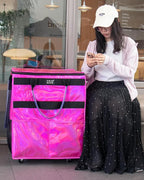 Reusable Grocery Bag with Wheels (Large, Glitter Pink), Shopping Trolley with 8 Pockets and Zipper Cover Foldable Rolling Tote for Women, Kitchen, Travel, Carries Up to 76LBS