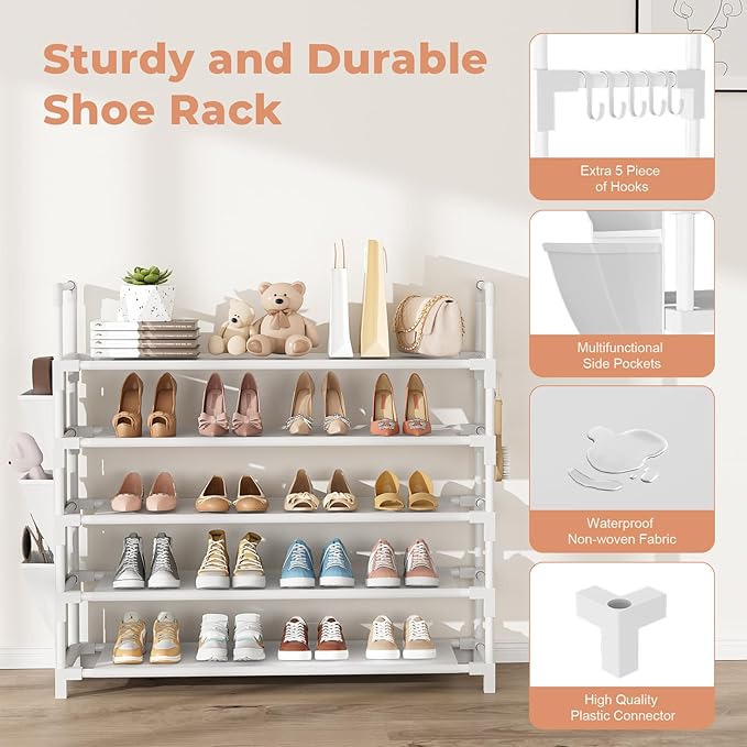 5 Tier Shoe Rack, Shoe Organizer Storage for 20-25 Pair Boot and Sneaker, Stackable Free Standing Shoe Shelf with Hooks and S