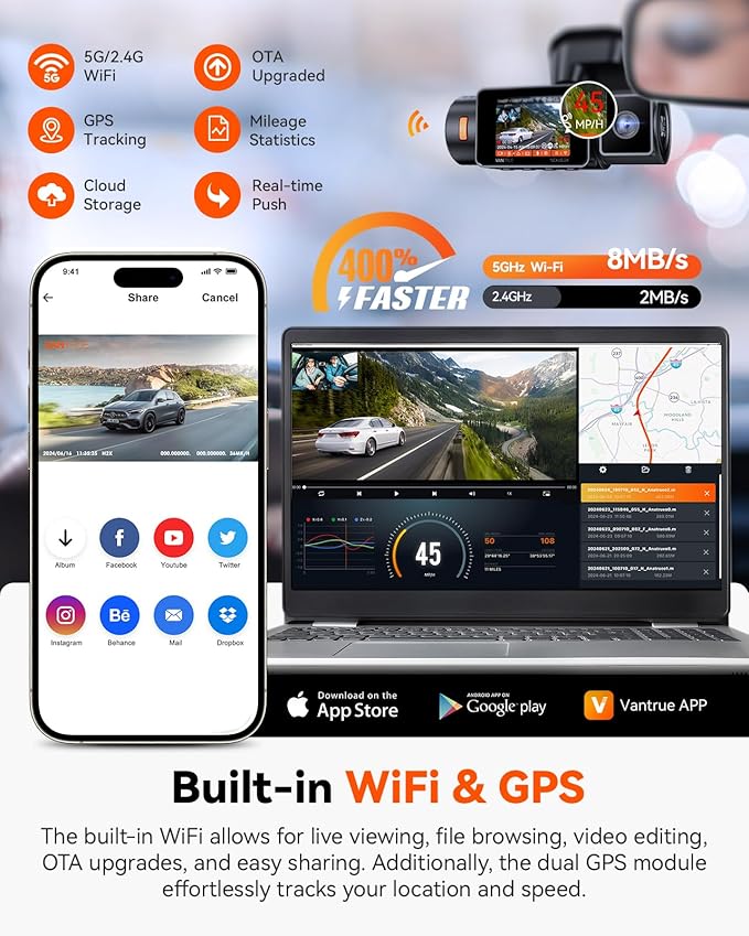 Vantrue N2X 2.7K Dash Cam Front and Inside, 5G WiFi Dual Dash Camera for Car with HDR IR Night Vision, STARVIS 2, GPS, 2.5K/6