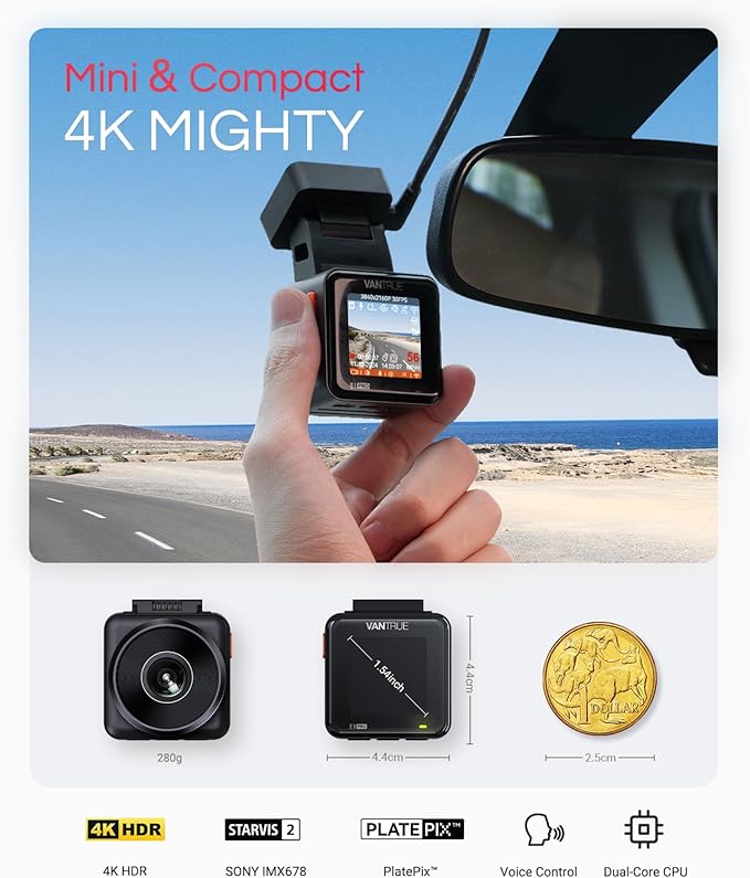 Vantrue E1 Pro 4K Mini Dash Cam Front, STARVIS 2 PlatePix HDR Night Vision Car Camera, Built-in 5G WiFi GPS, 1.54'' IPS Scree