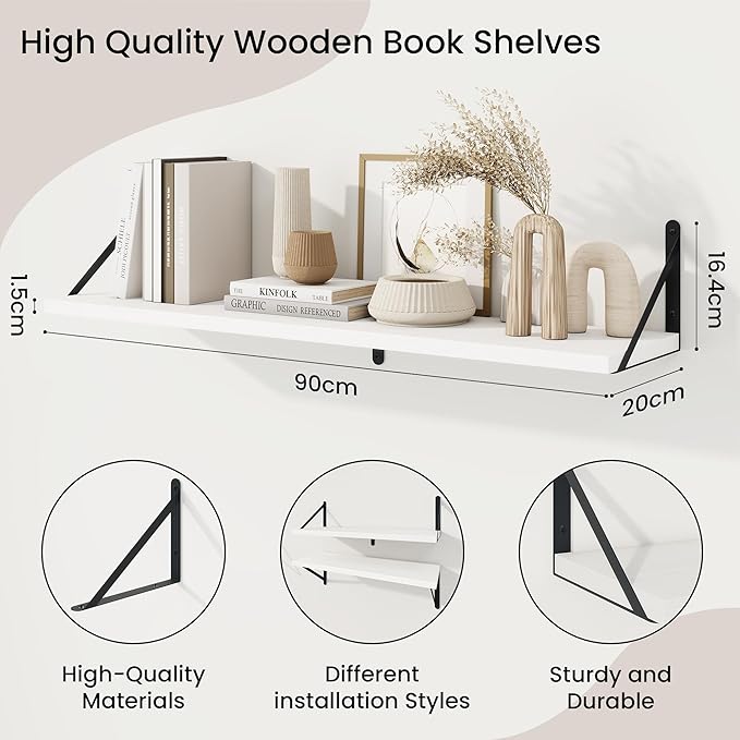 Wall Shelf, Floating Book Shelves with Brackets, 36 inch White Shelves Set of 3, Particle Board Wooden Shelf for Kitchen, Bat