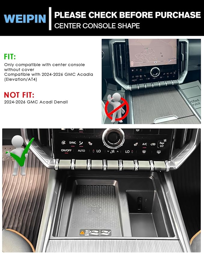 for 2Pcs Center Console Organizer Tray ABS Materials& TPE Wirless Mats Storage Box Compatible with 2024-2026 GMC Acadia (Elevation/AT4) - Only Compatible with Console Without Cover