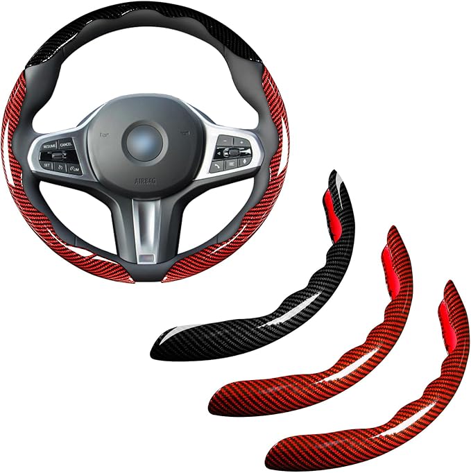 Car Steering Wheel Cover Set Bright Carbon Fiber Wrap Non-Slip 3pcs Steering Wheel Accessories 14.5-15 inch Universal (Black Red)