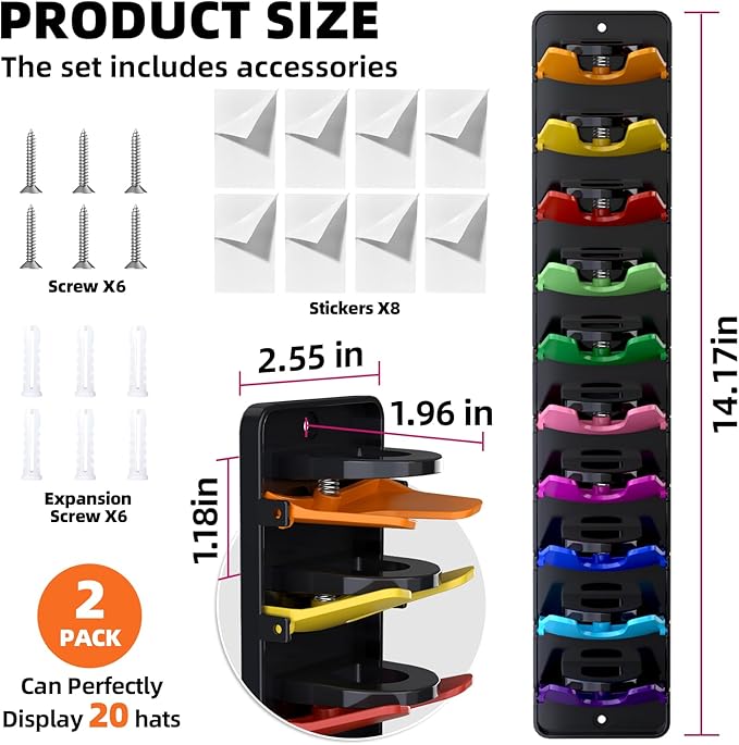 Spring-Loaded Hat Organizer for Baseball Caps (2 Pack) – Holds 20 Caps, Quick Insert & Smooth Release with Secure Hold, Wall 