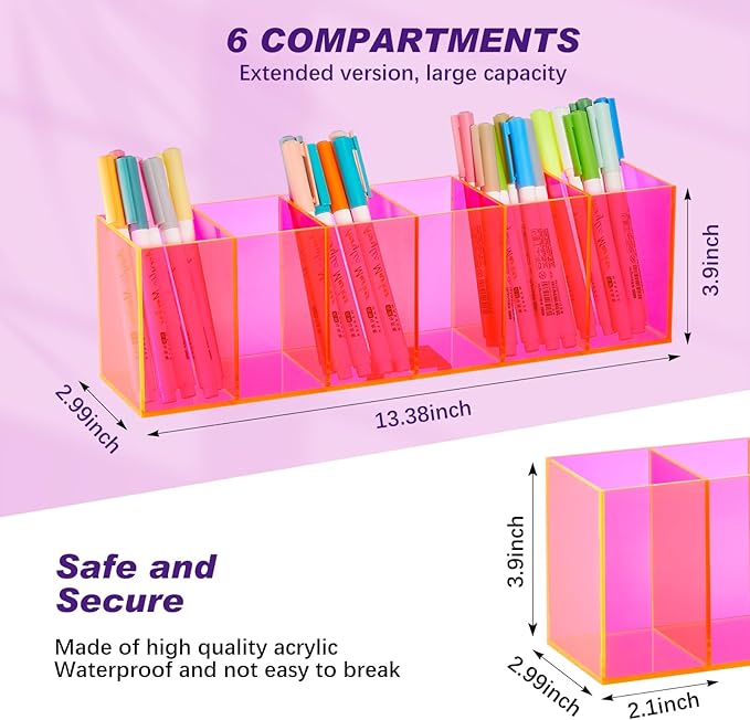 Jetec Acrylic Pen Holder 6 Compartments Makeup Brush Stationery Organizer Pencil Holder for Desk Accessories, Cosmetic Brushe