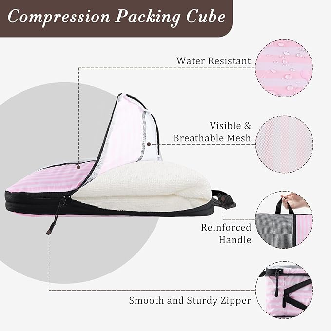 U+U 10 Set Compression Packing Cubes - Ultralight Pink Stripe Travel Organizers with Laundry Bag, Space-Saving Suitcase Organ