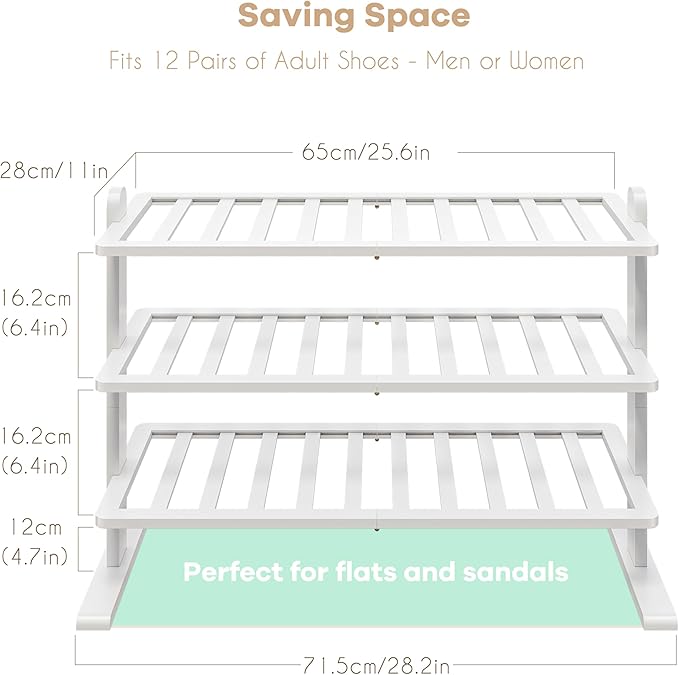 Varhomax White Shoe Rack, Bamboo Shoe Rack Organizer for Closet and Entryway, Thick Wooden Free Standing Shoe Shelf for Small