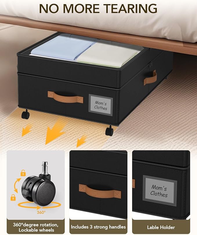 Under Bed Storage with Wheels, 10 inches Under Bed Storage Containers, 65L XXL Large Adjustable Underbed with Lids, Rolling U
