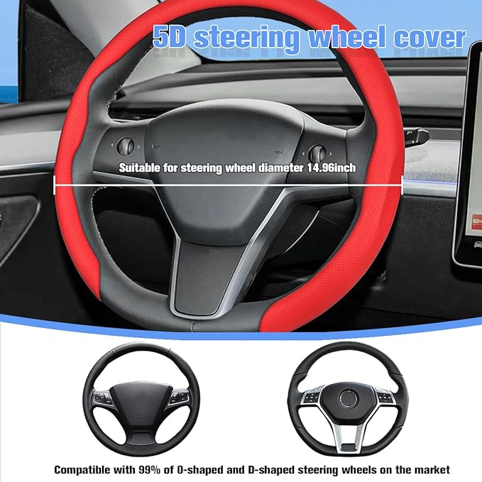 Car Nappa Leather Steering Wheel Cover, 15" Fashionable 5D Anti-Slip Vehicle Steering Wheel Protector, Breathable Auto Interi