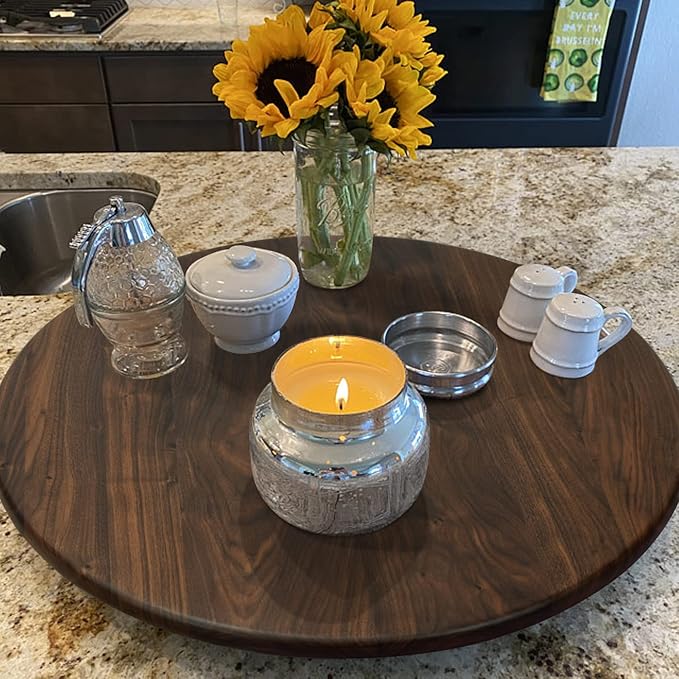 24 Inches Black Walnut Wood Lazy Susan Organizer, Solid Wooden Round Turntable, Rotating Tray for Table Top/Counter Top