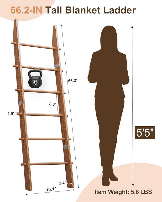 TEAKMAMA 6-Tier Blanket Ladder with Hanging Knobs,5.5 Ft Wall Leaning Blanket Ladders for Living Room Bedroom,Rustic Decorati