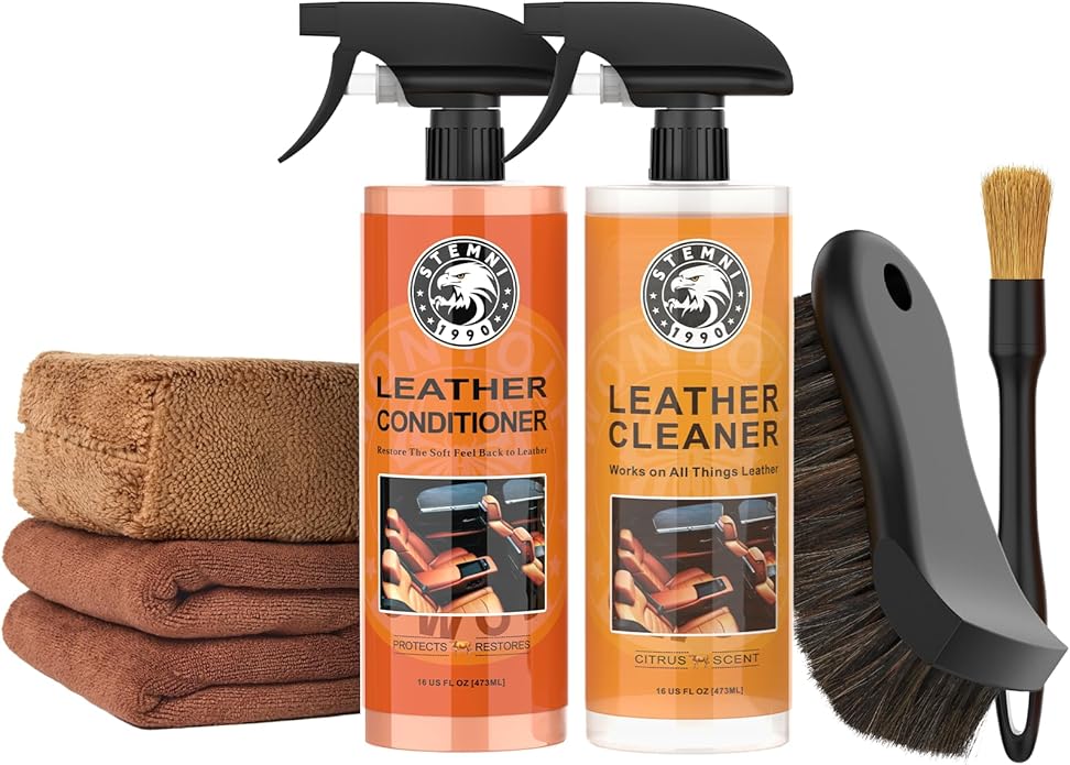 Car Leather Cleaner and Conditioner Kit, Leather Care Cleaning Kit with Horse Hair Cleaning Brush - Safe for Car Interiors, F