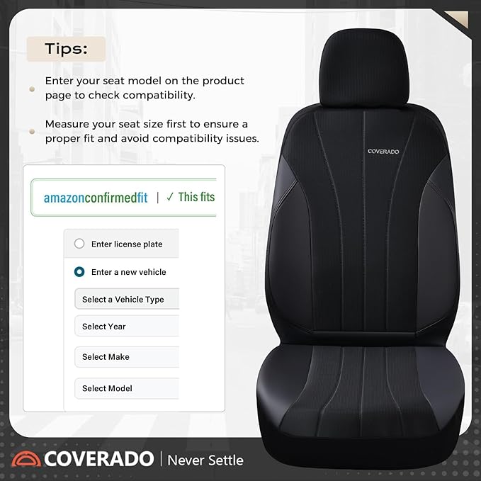 Coverado Car Seat Covers Front Seats, Auto Seat Covers Full Set, Mesh Breathable Seat Protectors, 2 Seats Black Automotive Se