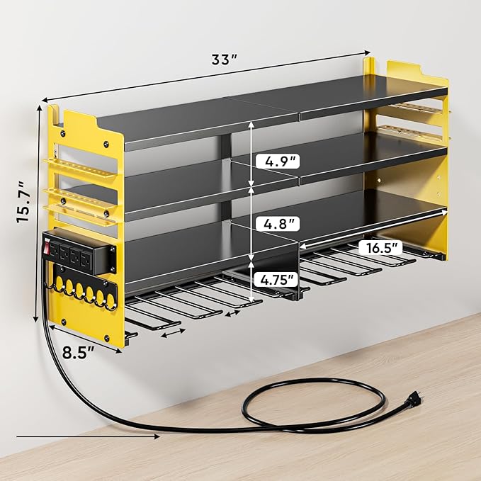 POKIPO Large Power Tool Organizer Wall Mount with Charging Station,4 Layer Heavy Duty Metal Storage Rack Loads 600lbs with 8 