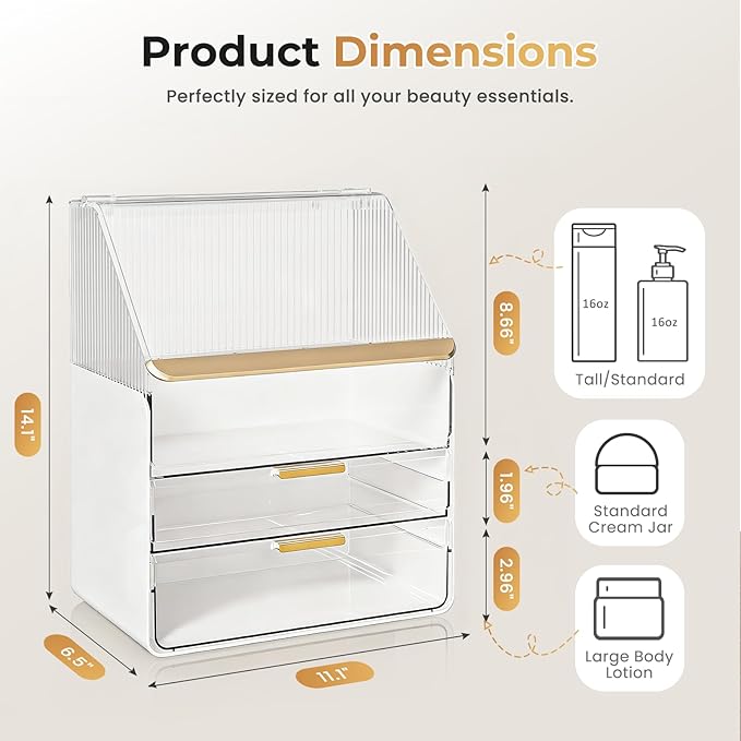 Makeup Organizer Countertop with Drawers & Lid, Skincare Organizer for Vanity, Large Cosmetic Organizer & Display Cases and S