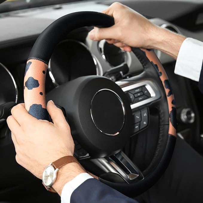 Cow Print Car Steering Wheel Covers, Breathable Microfiber Leather for Women and Men, Universal 15 inch Anti-Slip Steering Wh
