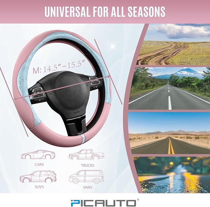 PIC AUTO Steering Wheel Cover, Light Blue Patterned & Pink Leather Patchwork Design, Universal Fit 14.5"–15.5", Anti-Slip, Od