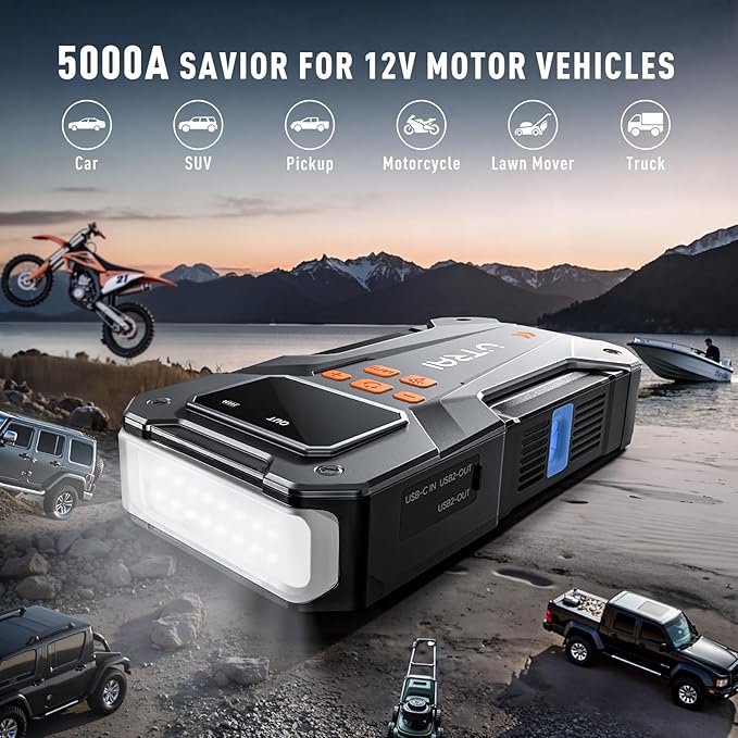 UTRAI 5000A 150PSI Jump Starter with Air Compressor, 12V Portable Jump Box (All Gas/10L Diesel), Jump Pack with LED Light, Car Jumper with Jumper Cables, Storage Case Included