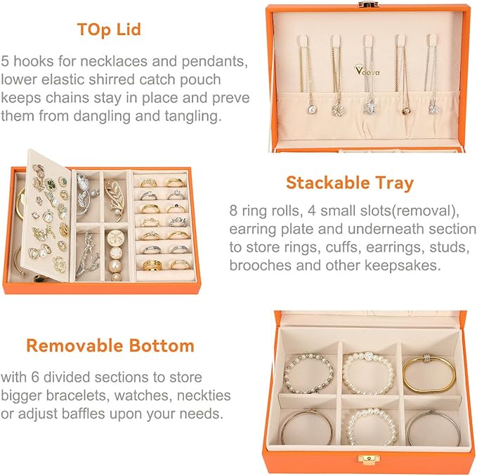 Voova Jewelry Box Organizer for Women Girls, 2 Layer Large Men Jewelry Storage Case, PU Leather Display Jewellery Holder with