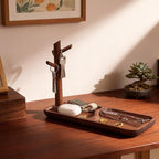 Solid Black Walnut Wooden Key Tray, Multi-Functional Key Bowl for Entryway Table, Key Holder Stand equipped with 3 Hooks, Woo