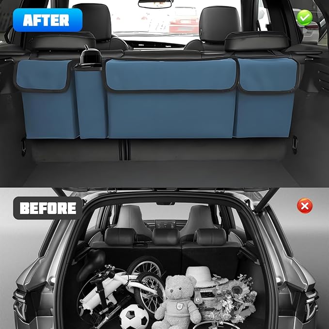 Car Trunk Organizer with Lid, Large Waterproof Vehicle Backseat Hanging Storage Bag with 4 Pockets & Adjustable Straps, Colla