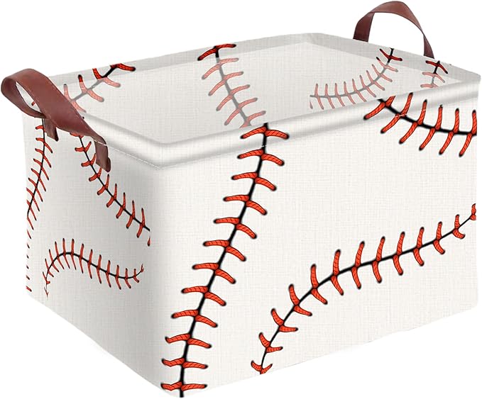 Baseball Decor Storage Basket Waterproof Canvas Toy Storage Bin Baseball Room Decor Collapsible Outdoor Basket with Leather H