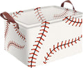 Baseball Decor Storage Basket Waterproof Canvas Toy Storage Bin Baseball Room Decor Collapsible Outdoor Basket with Leather H