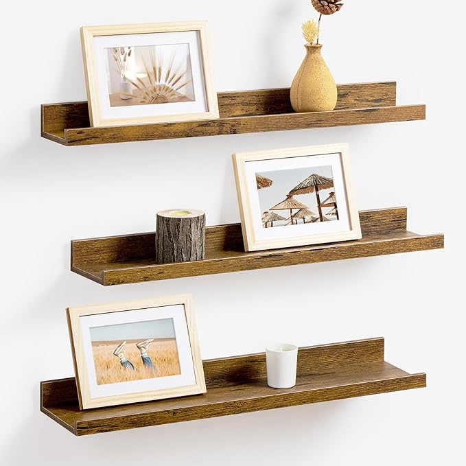 Axeman Picture Ledge Shelf | 24 Inch Brown Floating Shelves Set of 3 | Rustic Brown Wood Wall Shelves with Lip | 24" Picture 