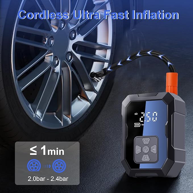 Tire Inflator, 2-in-1 power option Portable Air Compressor, Tire Air pump up to 150 Psi, Auto Shut-Off, Pressure Gauge, Emergency LED light for Car Bike SUV Tires