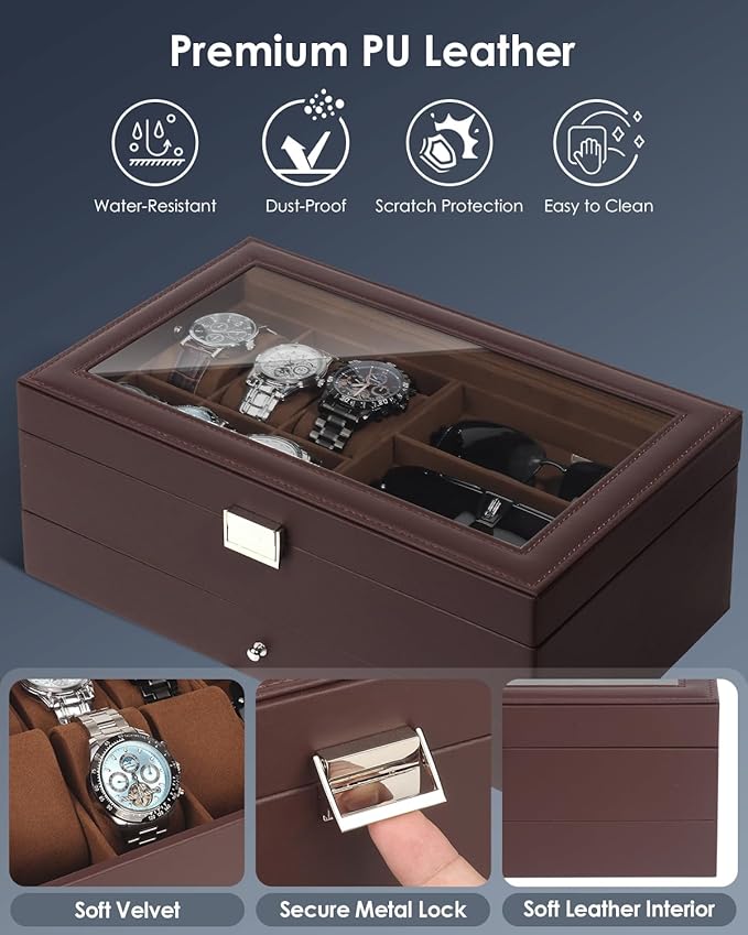 Kukikan Watch Jewelry Box Organizer, 6-Slot 2-Layer Watch Case and Sunglasses Storage with Large Glass Lid, Mens Jewelry