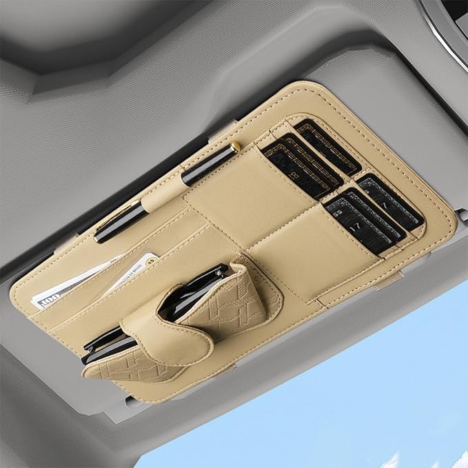 Sun Visor Organizer for Lincoln Navigator 2010-2025 Multifunctional PU Leather Organizer with Sunglasses Holder Pocket Car Interior Accessories, Beige Style