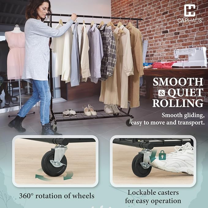 CAPHAUS Heavy Duty Clothes Rack with Double Rods, 660LBS Capacity Rolling Clothing Rack for Hanging Clothes, Adjustable Metal