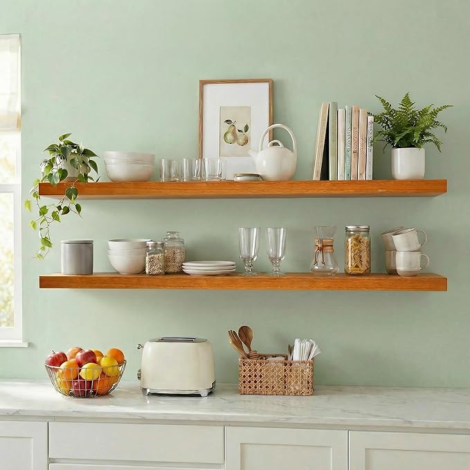 IEO Long Wooden Floating Shelves for Room Wall, Natural Wood Floating Shelves Wall Mounted Kitchen Shelf for Living Room, Bed