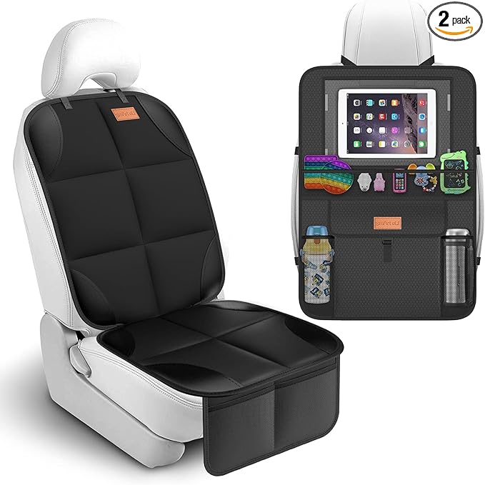 SMART ELF Non-Slip Backing Backseat Car Organizer Kick Mat with Storage Pockets, Large Waterproof Baby Car Seat Protector for Leather and Fabric (Black)