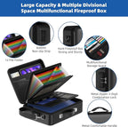 Fireproof Document Box with Lock＆Shoulder Strap, Hard-Shell Case File Organizer with Accordion File Folder, Multi-Layer Porta