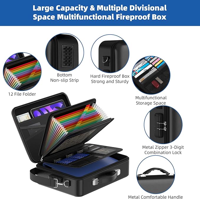 Fireproof Document Box with Lock＆Shoulder Strap, Hard-Shell Case File Organizer with Accordion File Folder, Multi-Layer Porta