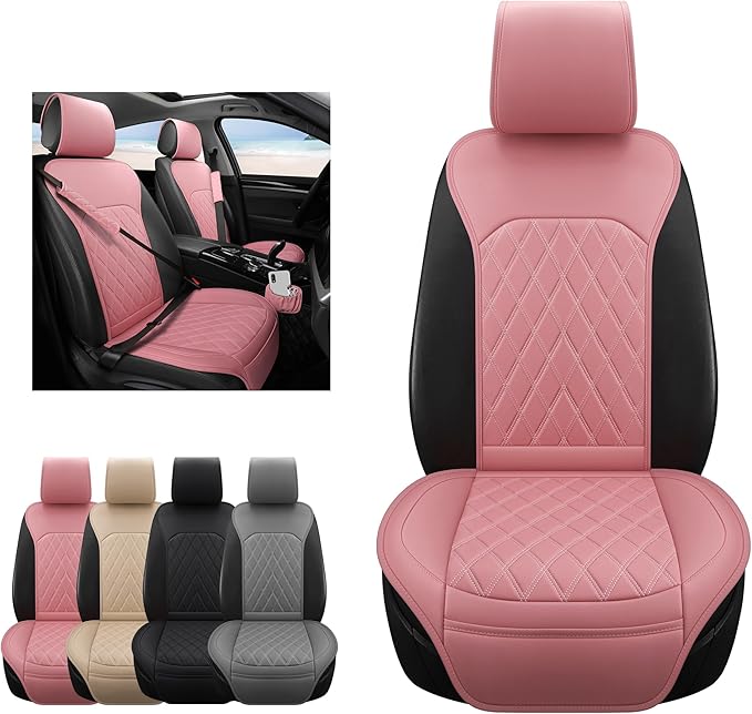 Sanwom Front Car Seat Covers - Leather Seat Covers with Storage Pocket and Two Belt Pads, Anti-Slip Waterproof Universal Seat