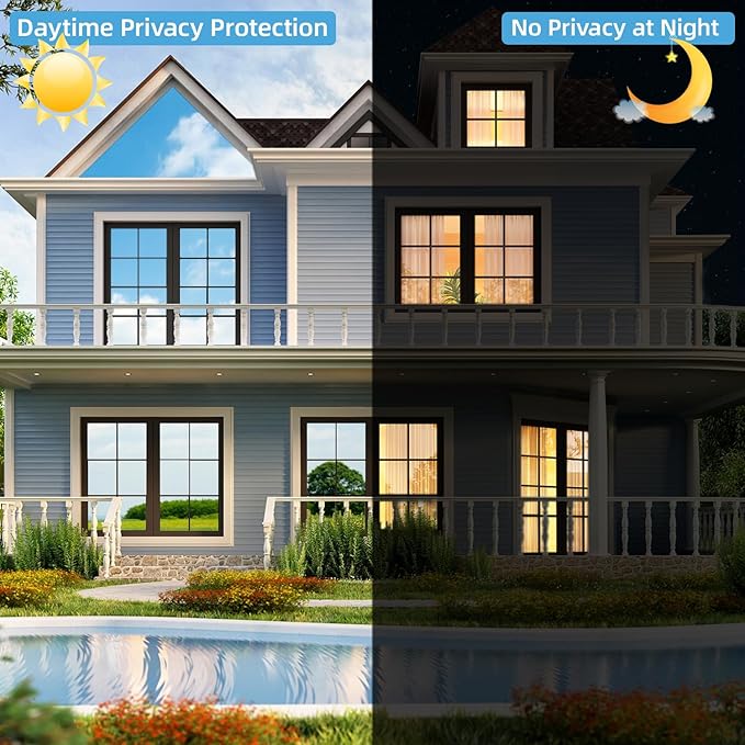 One Way Privacy Window Film Sun Blocking, Heat Blocking Window Tint for Home See Out But Not in, Static Cling & Anti UV, Black-Silver,35.4 Inch x 78.74 Inch