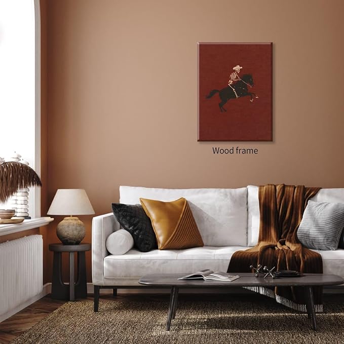 Retro Western Framed Wall Art Skeleton Cowboy Poster Vintage Bucking Bronco Prints Quirky Western Horse Rider Painting Hallow