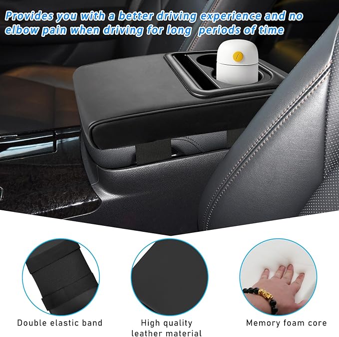 Car Center Console Armrest Pillow, Waterproof Leather Armrest Cushion with Cup Holder & Phone Holder, Memory Foam Arm Rest Box Cover Protector with Storage Bag for Most Cars (Black)