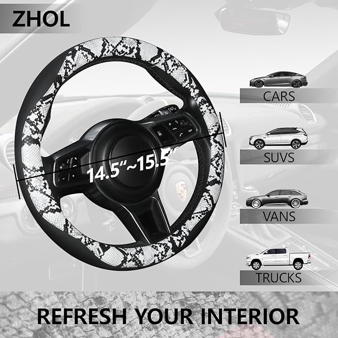 ZHOL Snake Skin Steering Wheel Cover, Breathable Microfiber Leather Universal 14.5-15 inch, Anti-Slip Car Steering Wheel Prot